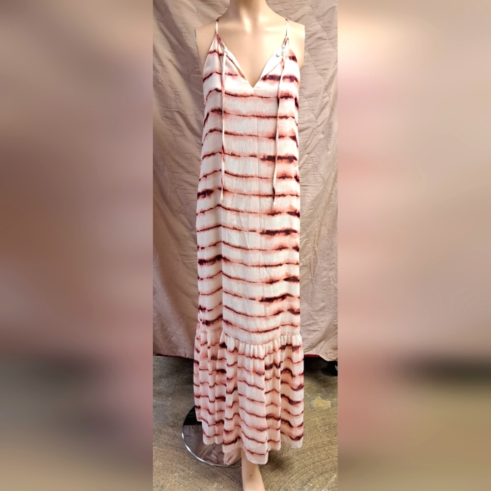 Banana Republic Sleeveless Maxi Dress in rayon crepe, brick stripe.